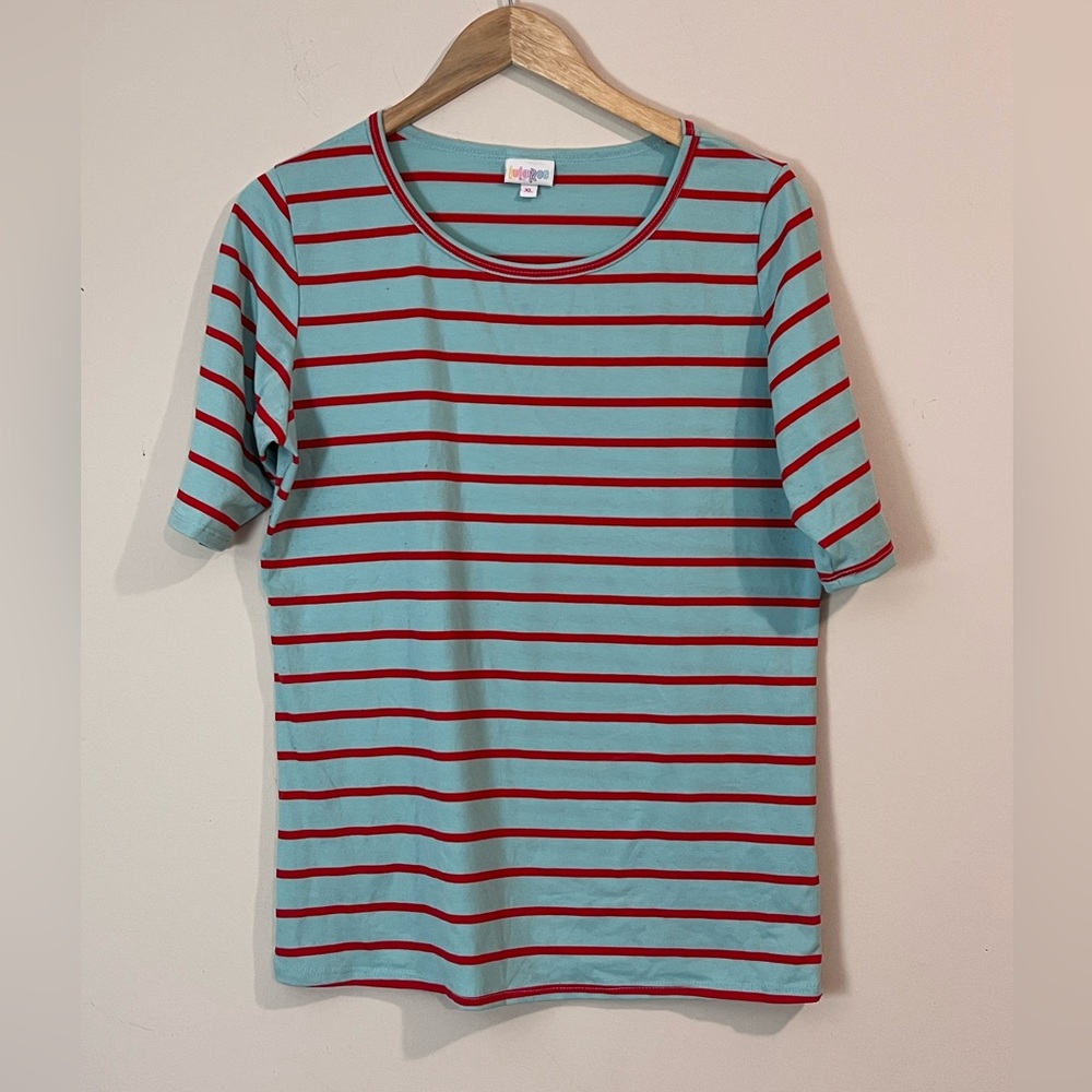 LuLaRoe Red and Teal Striped Top